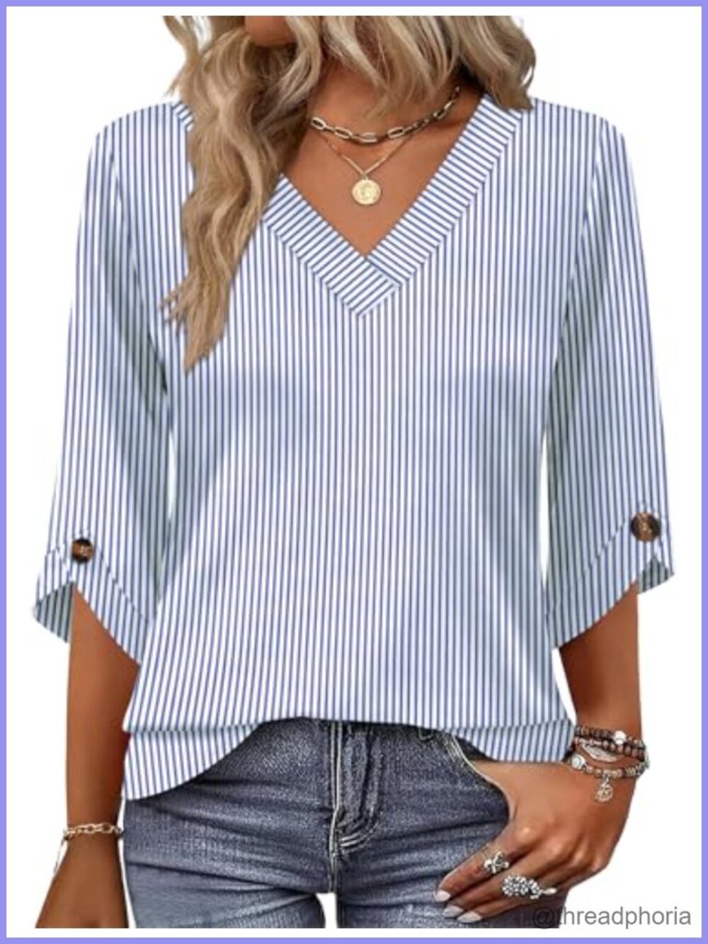 Womens 3/4 Sleeve V Neck Blouse Loose Fit Casual Summer Work Top
